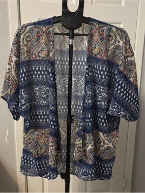 Dizzy Gal Blue Paisley Geometric Sheer Kimono Cardigan Size L